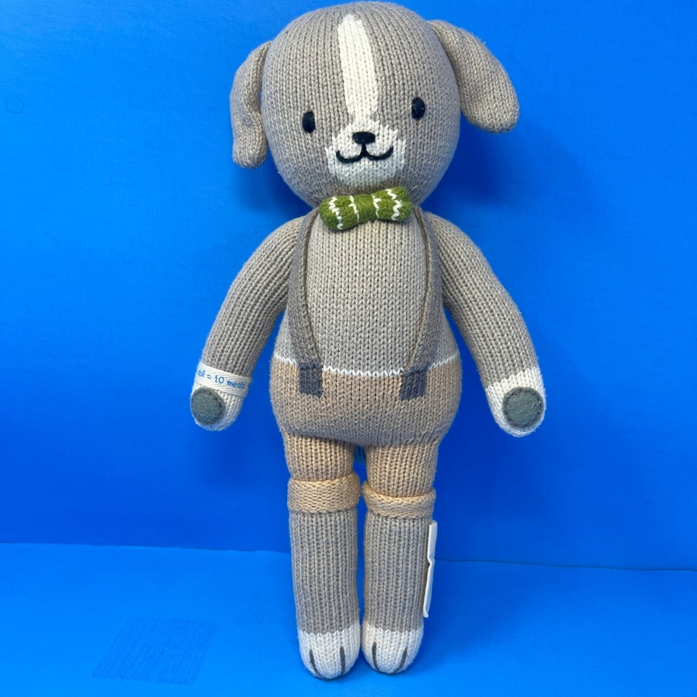 Cuddle Kind Noah the Dog 13 Inch Grey Hand Knit Puppy with Bowtie and Pants